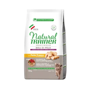 Natural Trainer Boli di Pelo con Pollo Fresco 1,5Kg Crocchette Gatti Adulti