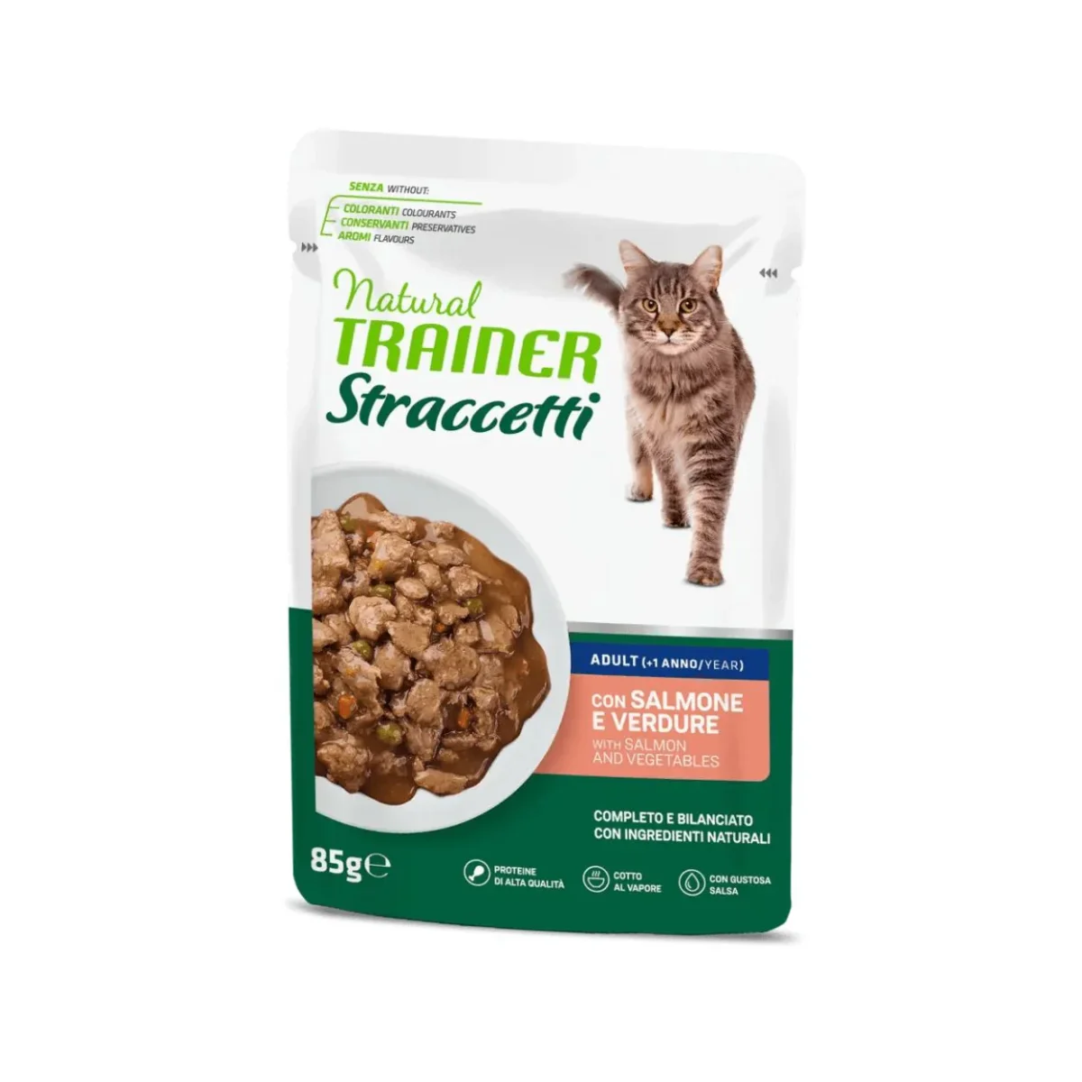Trainer Natural Straccetti Salmone e Verdure 85g Bustina Gatti Adulti Scadenza Prodotto 06/2026