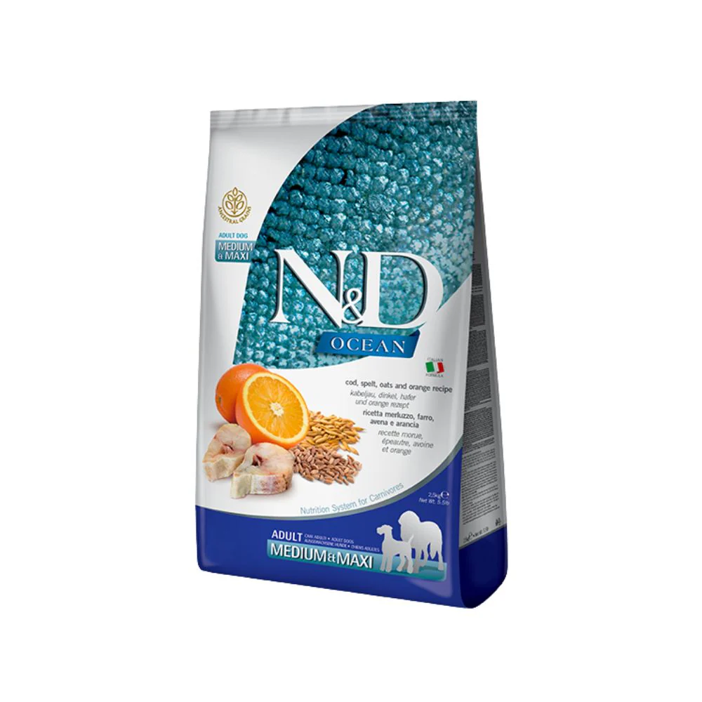 Farmina N&D Ocean Ancestral Merluzzo Arancia 2,5kg Crocchette Cani Medium Maxi Adult